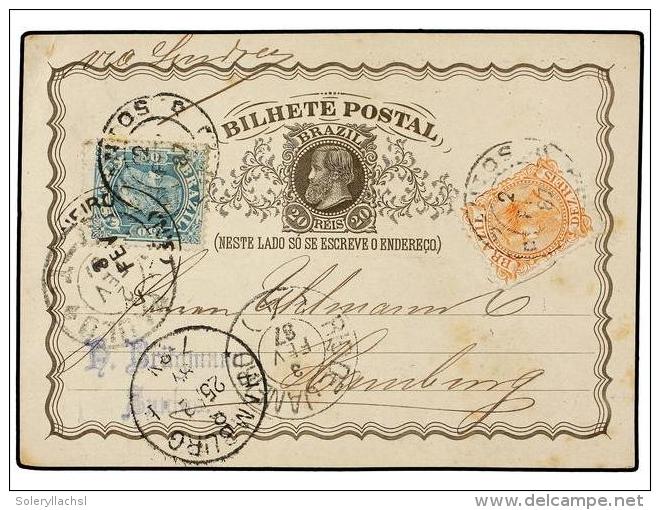 BRASIL. 1887. SANTOS A ALEMANIA. Entero Postal De 20 Reis Con Franqueo Adicional De 10 Reis Naranja Y... - Other & Unclassified