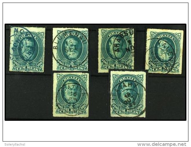 &deg; BRASIL. Sc.72 (6). 1878-79. 100 Reis Verde. 6 Sellos Con Matasellos Fechadores. MUY BONITOS. - Autres & Non Classés