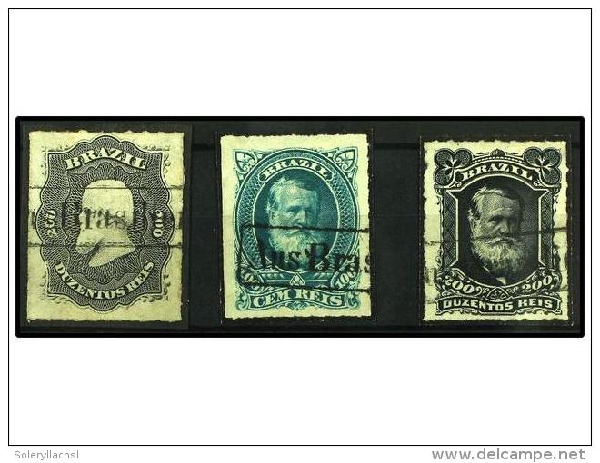 &deg; BRASIL. Sc.66, 72, 73. 1876-78. TRES Sellos De 100 Reis Y 200 Reis (2) Con Mat. Lineal AUS... - Otros & Sin Clasificación