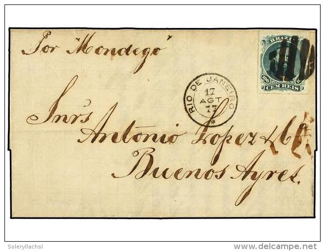 BRASIL. Sc.65. 1877. RIO A BUENOS AYRES. 100 Reis Verde, Manuscrito &acute;Por Mondego&acute;. - Autres & Non Classés