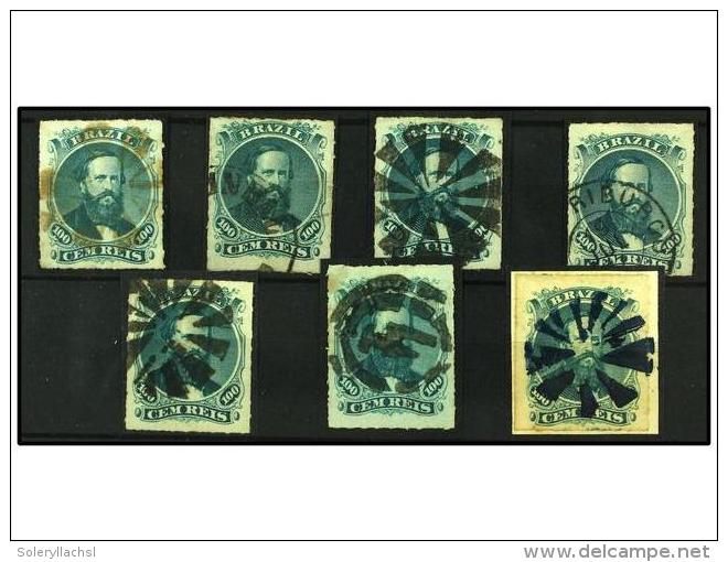 &deg; BRASIL. Sc.65 (7). 1876-77. 100 Reis Verde. 7 Sellos Con Matasellos Diversos. MUY BONITOS. - Other & Unclassified