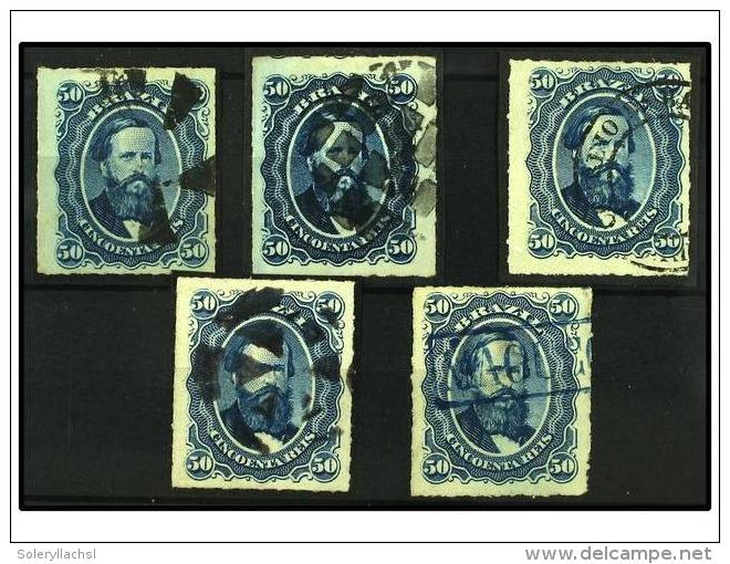 &deg; BRASIL. Sc.63 (5). 1876-77. 50 Reis Azul. 5 Sellos Con Matasellos Diversos. MUY BONITOS. - Autres & Non Classés