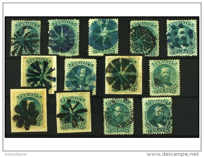 &deg; BRASIL. Sc.58 (13). 1866. 100 Reis Verde. 13 Sellos Con Matasellos Diversos. MUY BONITOS. - Other & Unclassified