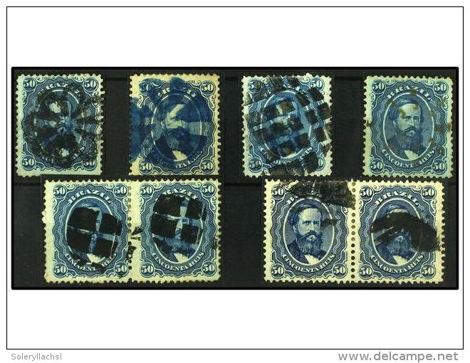 &deg; BRASIL. Sc.56 (8). 1866. 50 Reis Azul. 8 Sellos Incluyendo 2 Parejas Con Diversos Matasellos Mudos.... - Other & Unclassified