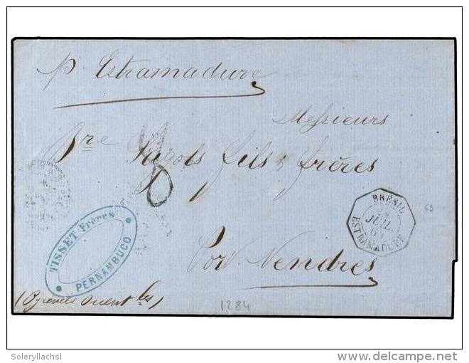 BRASIL. 1865 (14-Julio). PERNAMBUCO (Brasil) A FRANCIA. Fechador Octogonal BRESIL/ESTREMADURE (Salles 1010).... - Otros & Sin Clasificación