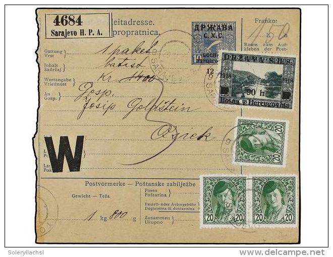 BOSNIA-HERZEGOVINA. Mi.88 (3). 1919. PARCEL RECEIPT. SARAJEVO To OSIEK. 10 H. Blue Uprated By 90 H.... - Autres & Non Classés