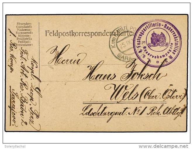 BOSNIA-HERZEGOVINA. 1916. MILITARY CARD. SARAJEVO To WELS. FESTUNGSARTILLERIE-RESERVEBATALLON N&ordm; 2. - Autres & Non Classés