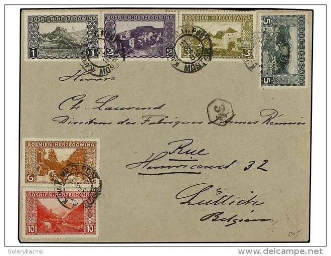 BOSNIA-HERZEGOVINA. Mi.29A/34A. 1908. MOSTAR To BELGIUM. Very Nice Franking, Arrival On Back. - Other & Unclassified