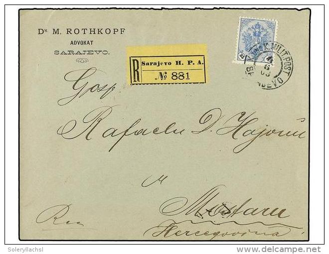 BOSNIA-HERZEGOVINA. Mi.26b. 1903. SARAJEVO To MOSTAR. 35 H. Ultramarine And Black, Registered Cover, Arrival... - Other & Unclassified