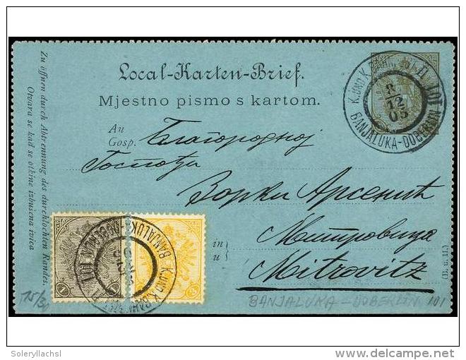 BOSNIA-HERZEGOVINA. Mi.10A, 12A. 1905. BANJALUKA To MITROVITZ. 6 H. Olive Card Uprated With 1 H. Grey... - Autres & Non Classés