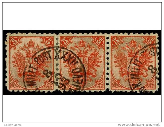 &deg; BOSNIA-HERZEGOVINA. Fe.5I (3). 1879. 5 Kr. Red, Perf. 9 1/4. Strip Of Three With SARAJEVO... - Autres & Non Classés