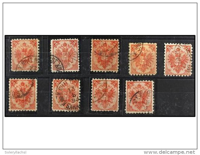 &deg; BOSNIA-HERZEGOVINA. Fe.5I (9). 1879. 5 Kr. Red, Perf. 9 1/4. Lot Of 9 Stamps Diverse Cancels And Some... - Other & Unclassified