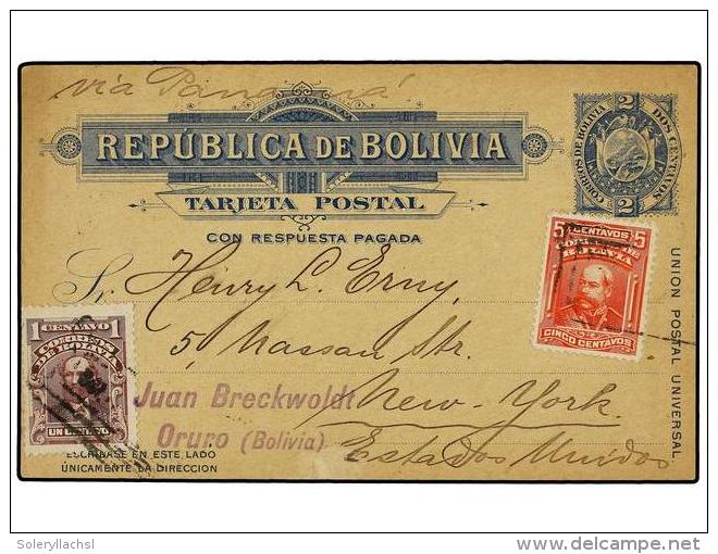 BOLIVIA. 1908. ORURO A NEW YORK. Entero Postal De 2 Cts. Azul Con Franqueo Adicional De 1 Ctvo. Y... - Otros & Sin Clasificación