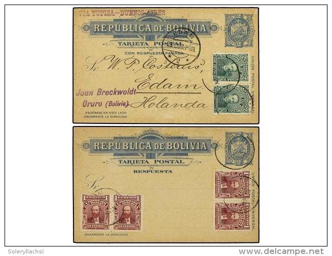 BOLIVIA. 1908. ORURO A HOLANDA. Entero Postal Doble De 2 + 2 Ctvos. Azul Con Franqueo Adicional De 2... - Andere & Zonder Classificatie