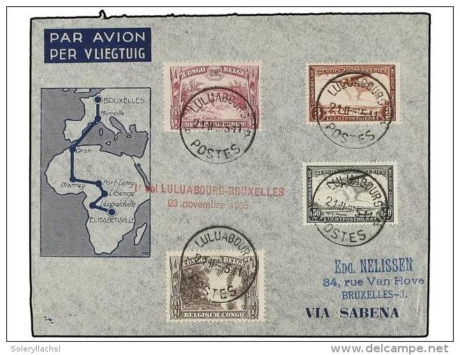 CONGO BELGA. 1935 (21-II). LULUABOURG A BRUSELAS. Primer Vuelo, Marca En Color Rojo, Al Dorso Llegada. (Mu. 46). - Other & Unclassified