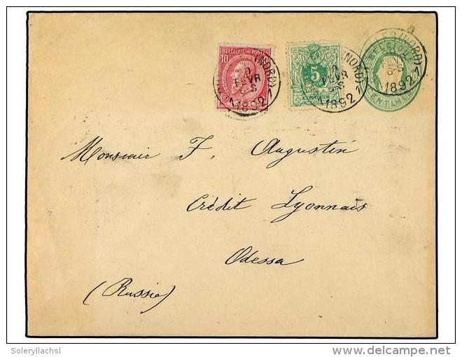 BELGICA. 1890 (Feb 20). 10c Green Stationery Envelope Used To Odessa, Russia And Up-rated With 1884... - Other & Unclassified