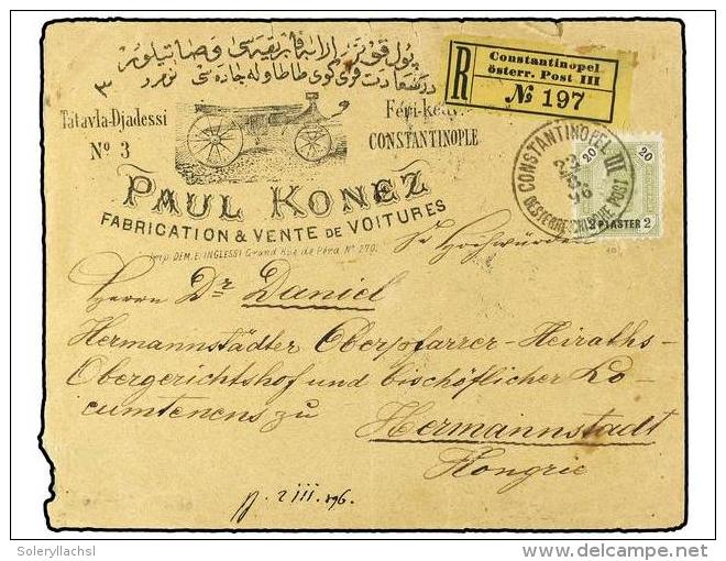 LEVANTE: CORREO AUSTRIACO. 1896. Registered Advertising Cover To HUNGARY, Franked With 2 Pi./20 Kr. Olive... - Autres & Non Classés