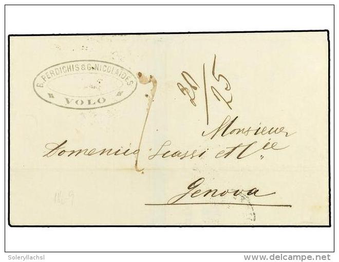 LEVANTE: CORREO AUSTRIACO. 1869 (Oct 8). Outer Letter Sheet To GENOA Sent Stampless And  Taxed With Manuscript Rate... - Otros & Sin Clasificación