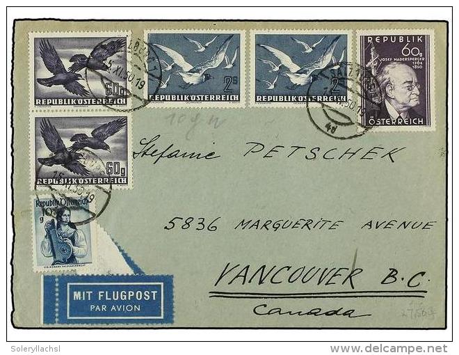 AUSTRIA. 1950. Airmail Cover To CANADA Franked By 1948 Costumes 10 G., Birds 60 G. Pair And 2 X 2... - Otros & Sin Clasificación