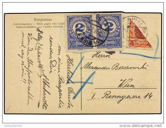 AUSTRIA. 1921. 4 Kr. Bisected Stamp On Postcard, Not Accepted And Taxed On Arrival With 2 Kr. Blue... - Other & Unclassified
