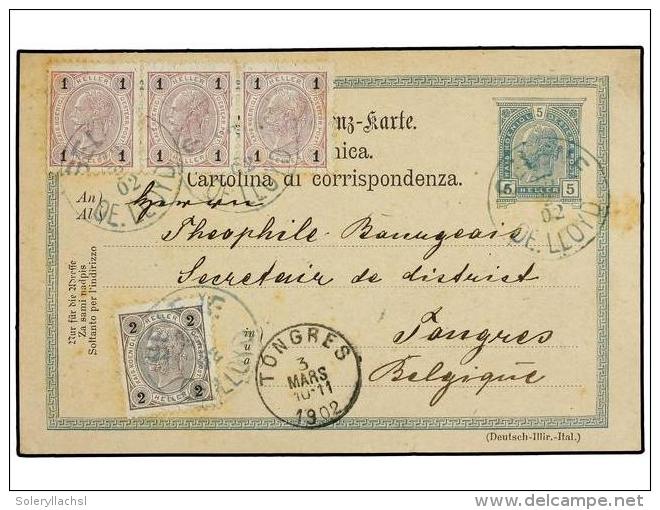 AUSTRIA. 1902 (Feb 28). 5 H. Green Stationery Card Used To BELGIUM Up-rated With Strip Of Three 1899 1... - Otros & Sin Clasificación
