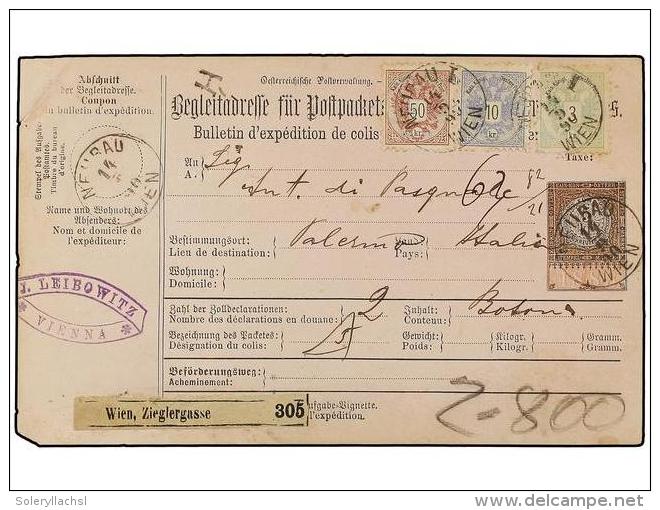 AUSTRIA. Mi.45, 47, 49. 1890. WIEN To ITALY. PARCEL RECEIPT Franked With 3 Kr. Green, 10 Kr.... - Otros & Sin Clasificación