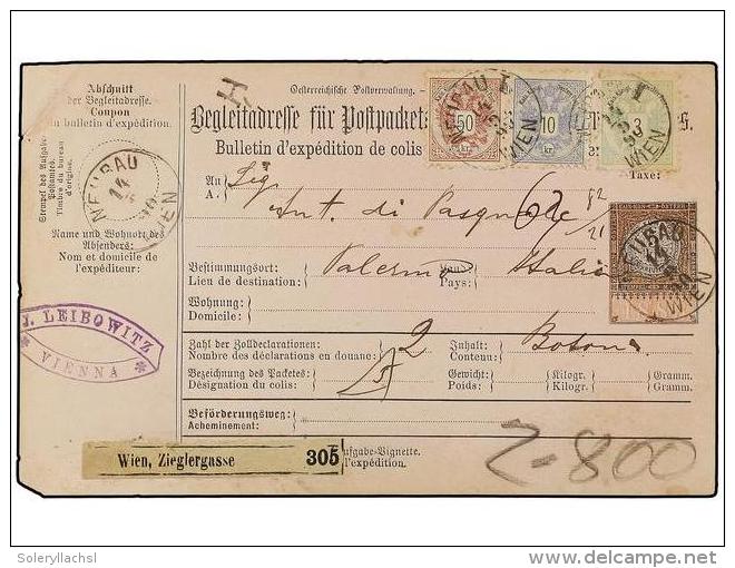 AUSTRIA. Mi.45, 47, 49. 1890. WIEN To ITALY. PARCEL RECEIPT Franked With 3 Kr. Green, 10 Kr.... - Autres & Non Classés