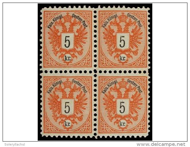 **/* AUSTRIA. Mi.46 (4). 1883. 5 Kr. Red, Perf. 10 1/2. Block Of Four, Three Stamps Never Hinged. (Netto... - Otros & Sin Clasificación