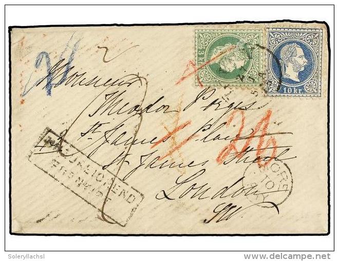 AUSTRIA. 1875. WIEN To LONDON. 3 Kr. Green And 10 Kr. Blue, Boxed Struck INSUFFICIEND/... - Autres & Non Classés