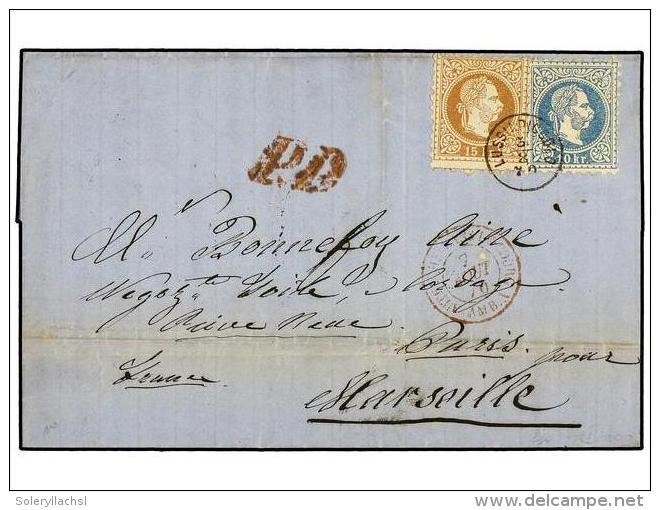 AUSTRIA. 1870 (Aug 3). Cover To MARSEILLE Franked By 1867 10kr. Blue And 15kr. Brown Tied By... - Otros & Sin Clasificación