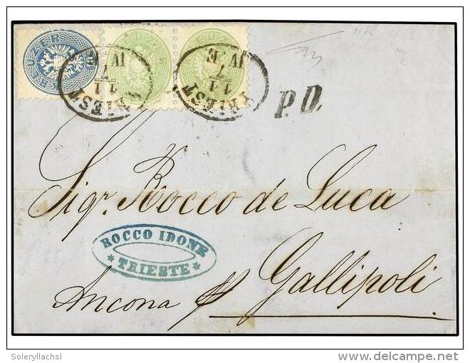 AUSTRIA. Mi.31 (2), 33. 1867. TRIEST To GALLIPOLI (Italy). 10 Kr. Blue And Pair Of 3 Kr. Green. FINE.... - Other & Unclassified