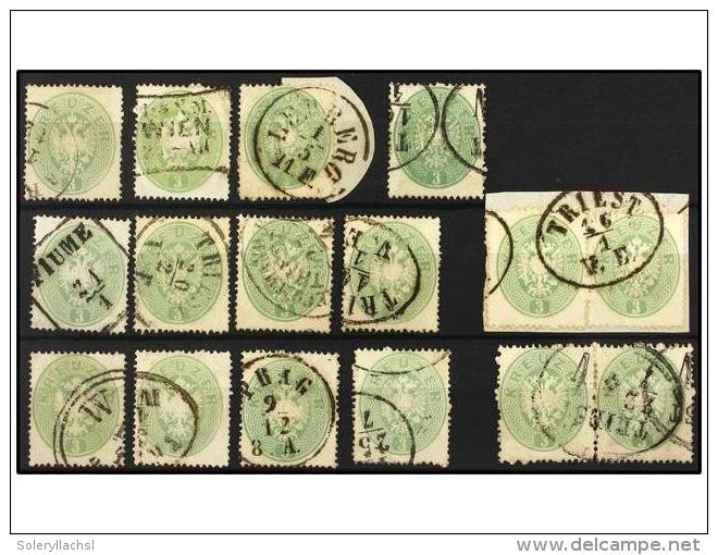 &deg; AUSTRIA. Mi.25 (16). 1863. 3 Kr. Green. 12 Stamps And 2 Pairs. FINE. Michel.+1.800&euro;. - Autres & Non Classés
