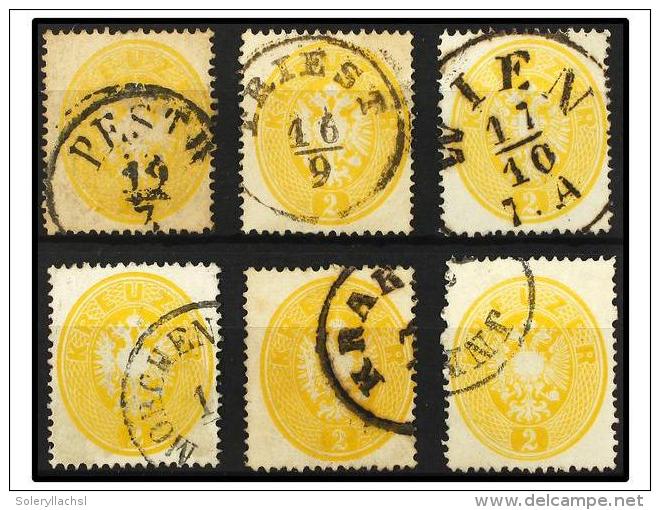 &deg; AUSTRIA. Mi.24 (6). 1863. 2 Kr. Yellow. 6 Fine Used Stamps. Michel.780&euro;. - Otros & Sin Clasificación
