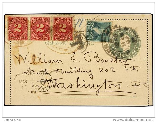 ARGENTINA. 1897. BUENOS AIRES A USA. Entero Postal De 4 Ctvos. Con Sello De 2 Ctvos. Verde. Tasada A... - Otros & Sin Clasificación