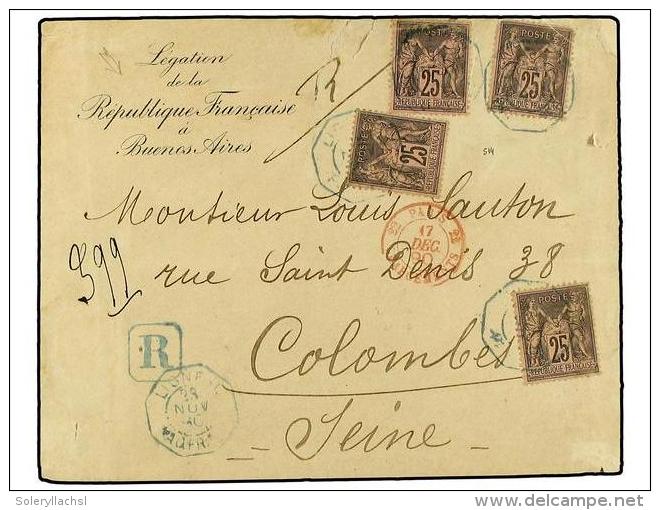 ARGENTINA. 1890. BUENOS AIRES A FRANCIA. Circulada Con Cuatro Sellos Franceses De 25 Cts. Negro S. Rosa.... - Otros & Sin Clasificación