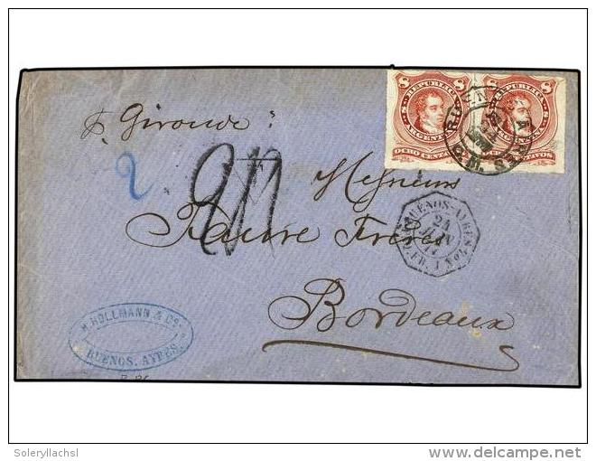 ARGENTINA. 1874 (24 Junio). BUENOS AIRES A FRANCIA. 8 Cts. Rojo Carm&iacute;n. Circulada Por Correo... - Sonstige & Ohne Zuordnung