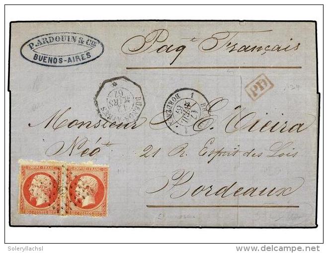 ARGENTINA. 1867. BUENOS AIRES A FRANCIA. Circulada Con Dos Sellos Franceses De 80 Cts. Rosa, Mat.... - Autres & Non Classés