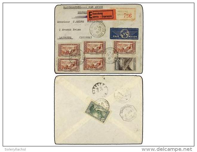 ANDORRA: ANDORRA FRANCESA. Yv.65, 78, 88 (5). 1942. ANDORRA A LAUSANNE (Suiza). 50 Cts. Verde, 1 F. 30... - Autres & Non Classés