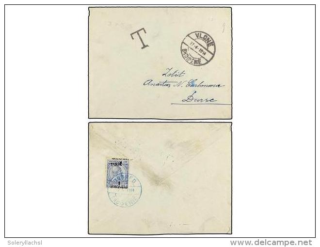 ALBANIA. Mi.P9. 1914 (27-IV). VLONE To DURRES. Unfranked Cover Taxed On Arrival With 1 Gr. On 25 Q.... - Andere & Zonder Classificatie