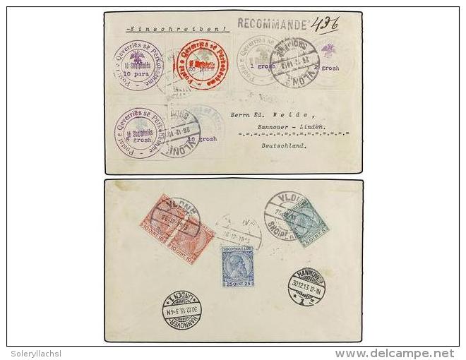 ALBANIA. Yv.14/19, 26, 27 (2), 28. 1913. VALONA To GERMANY. Extraordinary Franking On Front And Back. - Autres & Non Classés