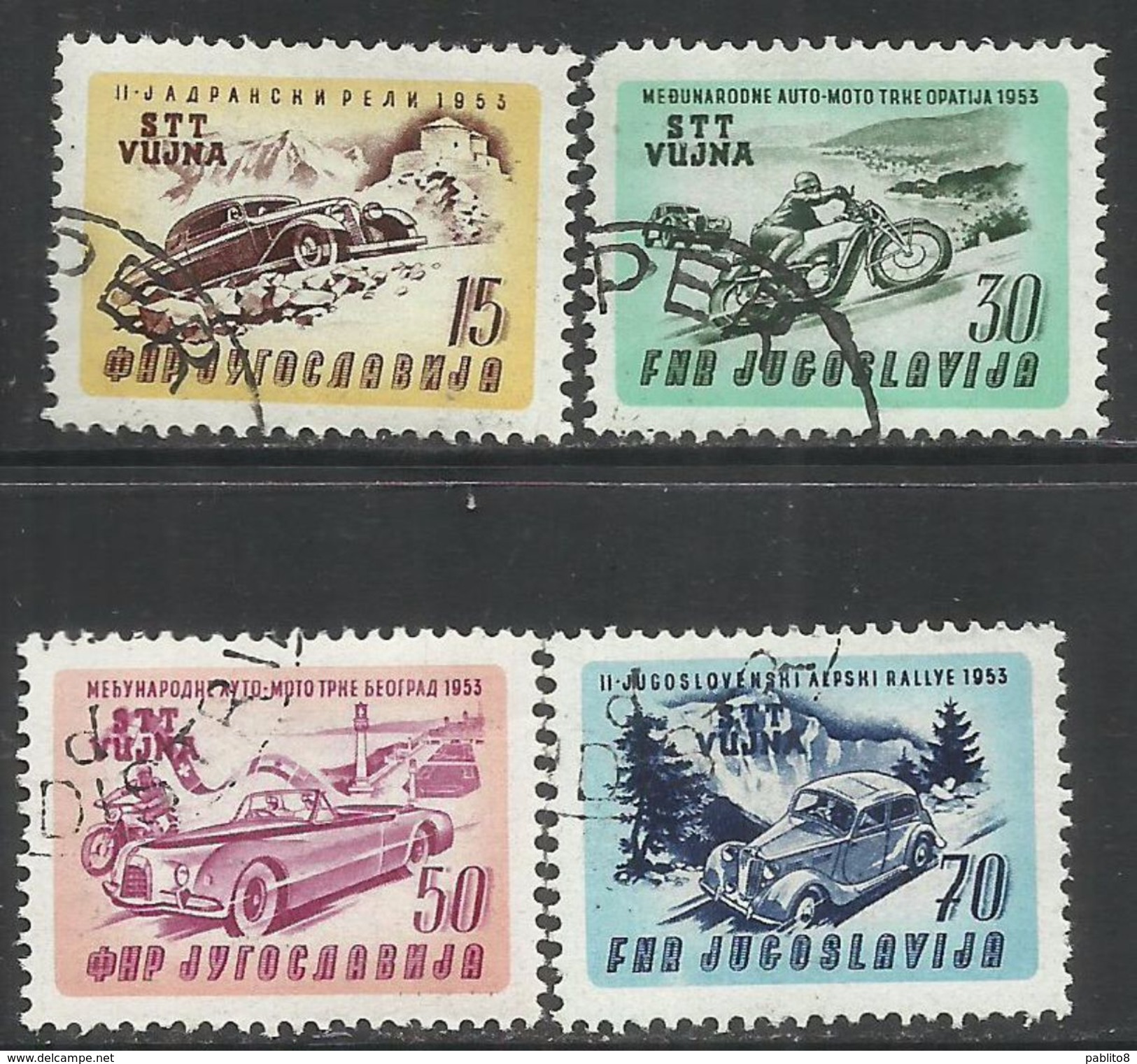 TRIESTE B 1953 CORSE AUTOMOTOCICLISTICHE RACING YUGOSLAVIA SOPRASTAMPATO JUGOSLAVIA OVERPRINTED SERIE SET USATA USED - Afgestempeld