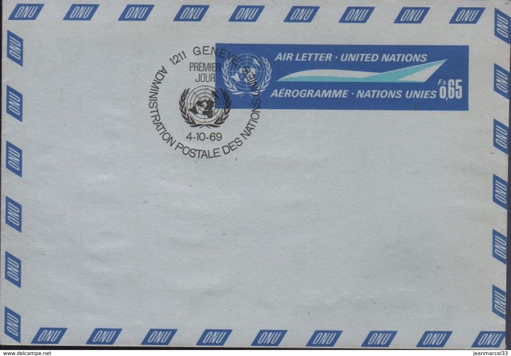 Lettre Entier Aérogramme 0,65 Fr Oblitération PJ Genève 4-10-69 - Airmail