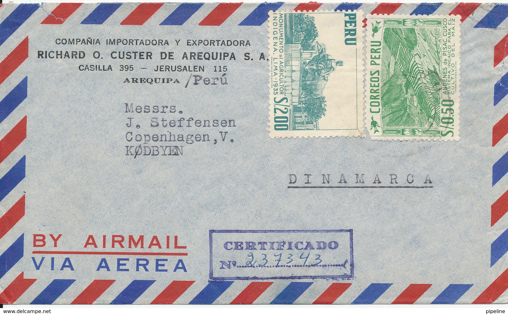 Peru Registered Air Mail Cover Sent To Denmark  (the Stamps Are Damaged) - Peru