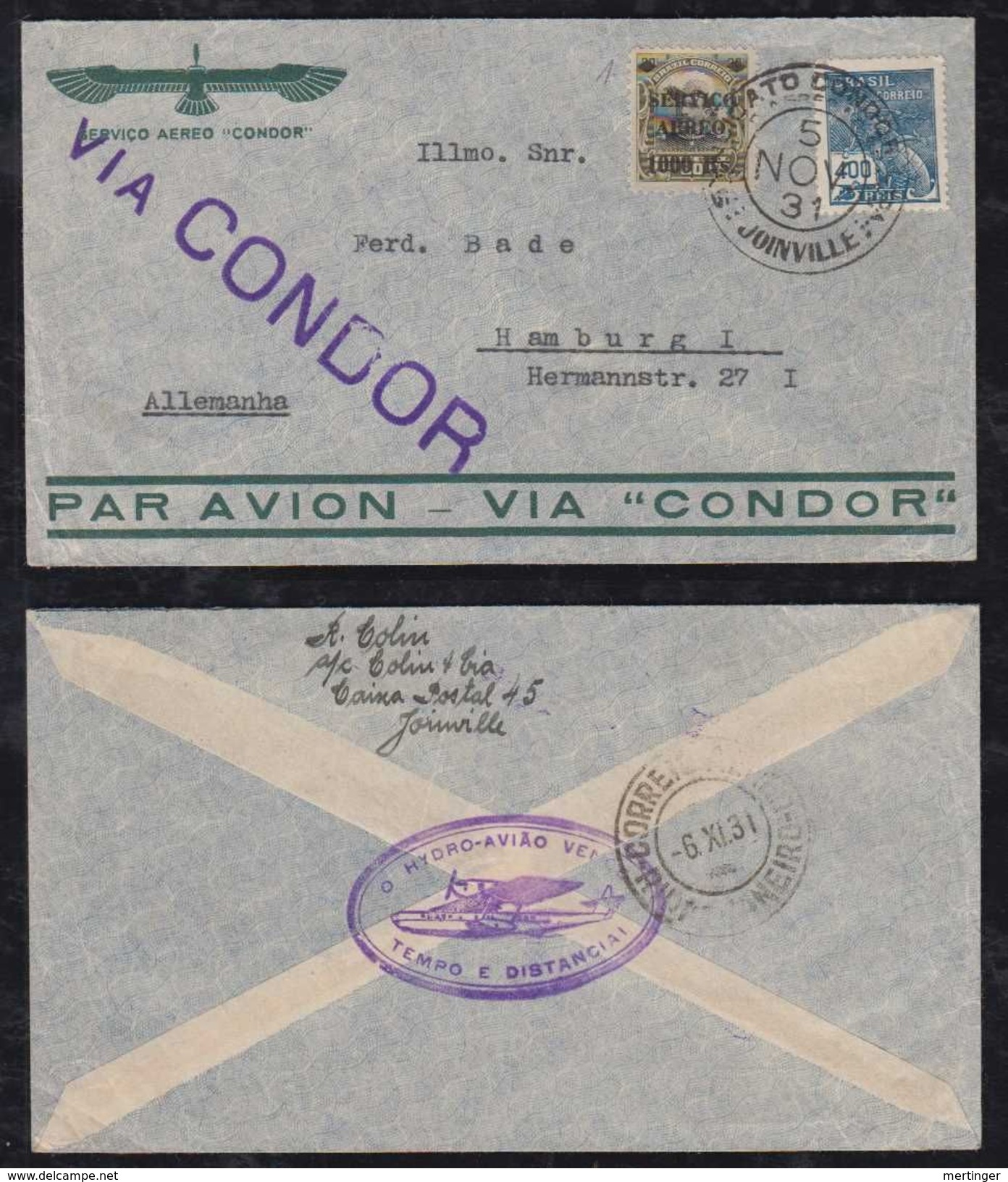 Brazil Brasil 1931 Airmail Cover CONDOR JOINVILLE Postmark To HAMBURG Germany Via RIO - Posta Aerea (società Private)