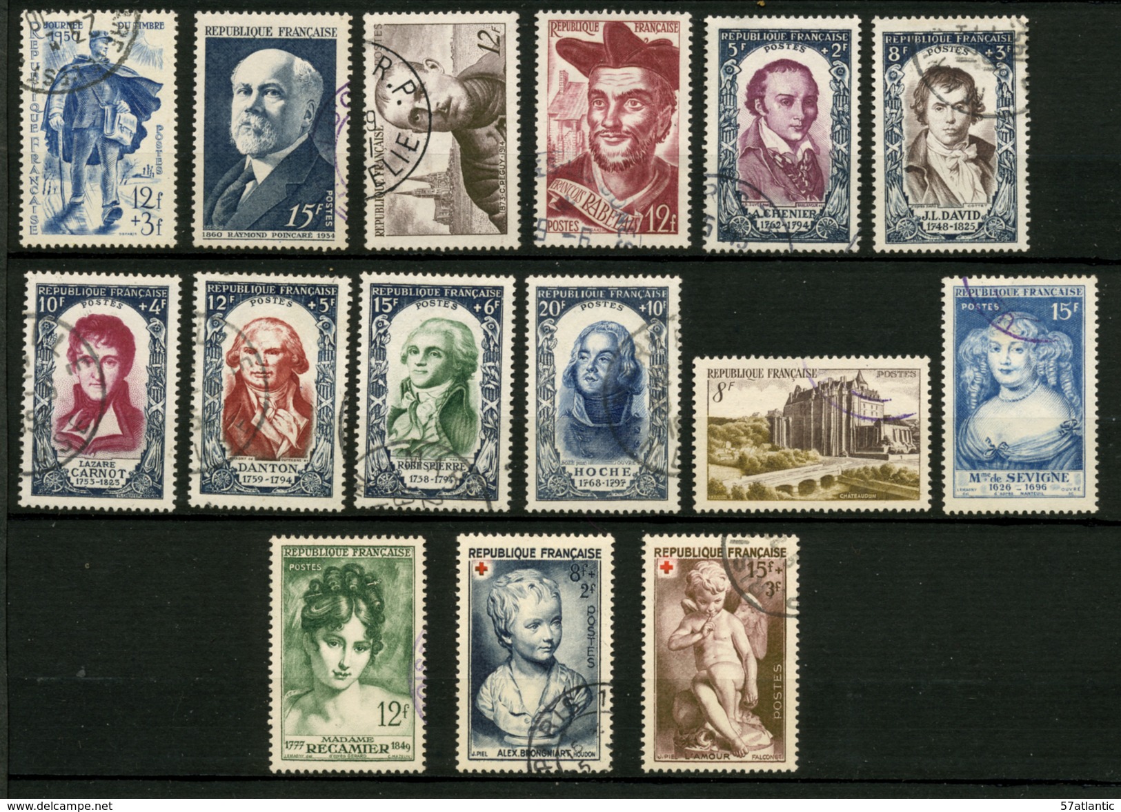 FRANCE - ANNEE COMPLETE 1950 - YT 863 à 877 - 15 TIMBRES OBLITERES - 1950-1959