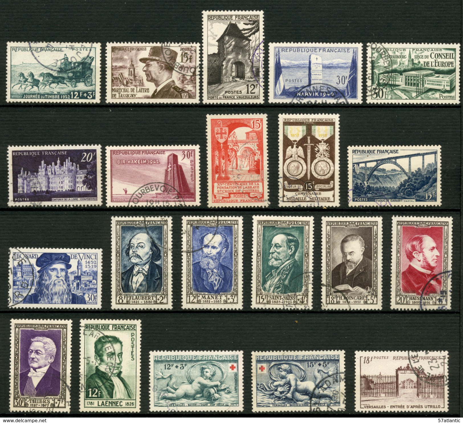 FRANCE - ANNEE COMPLETE 1952 - YT 919 à 939 - 21 TIMBRES OBLITERES - 1950-1959