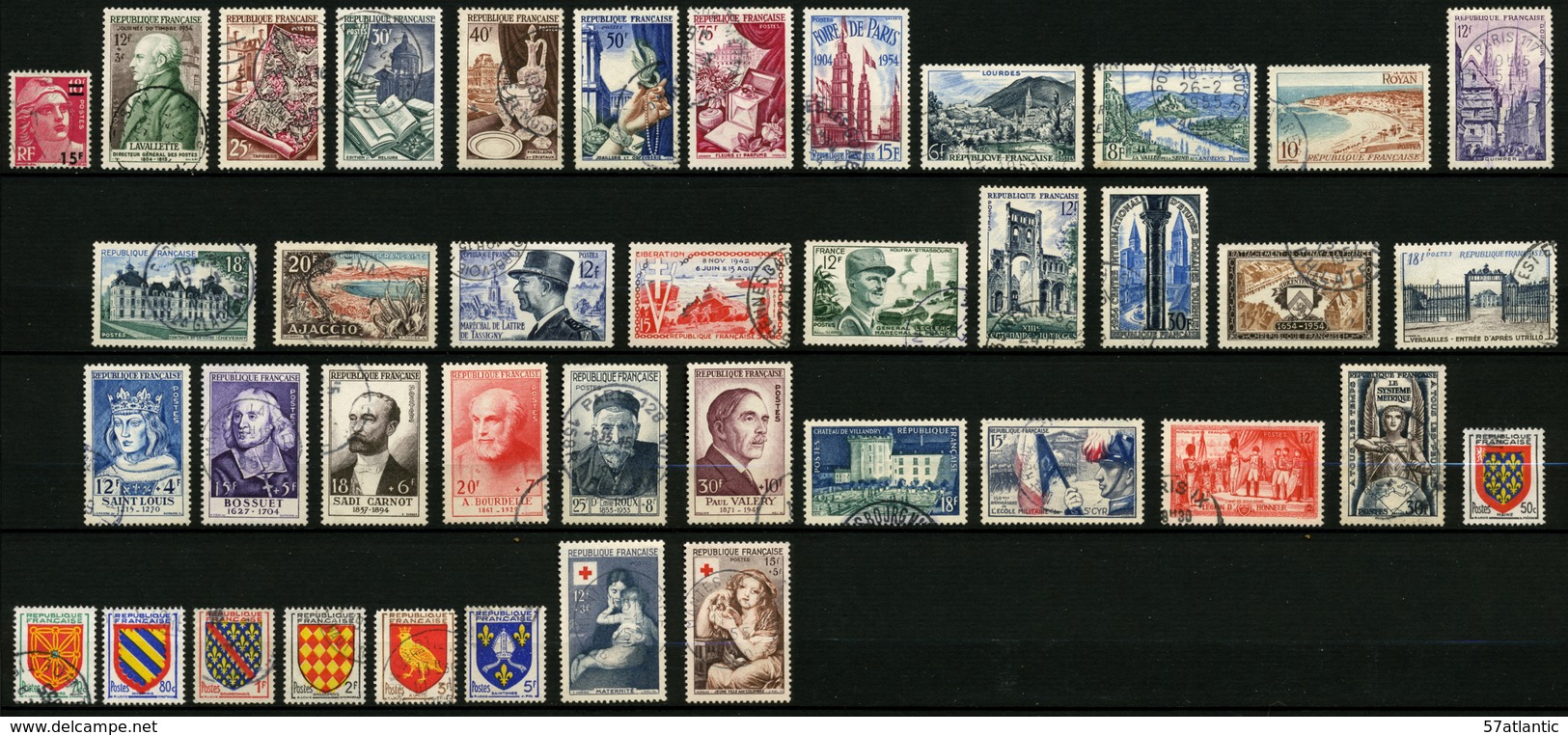 FRANCE - ANNEE COMPLETE 1954 - YT 968 à 1007 - 40 TIMBRES OBLITERES - 1950-1959