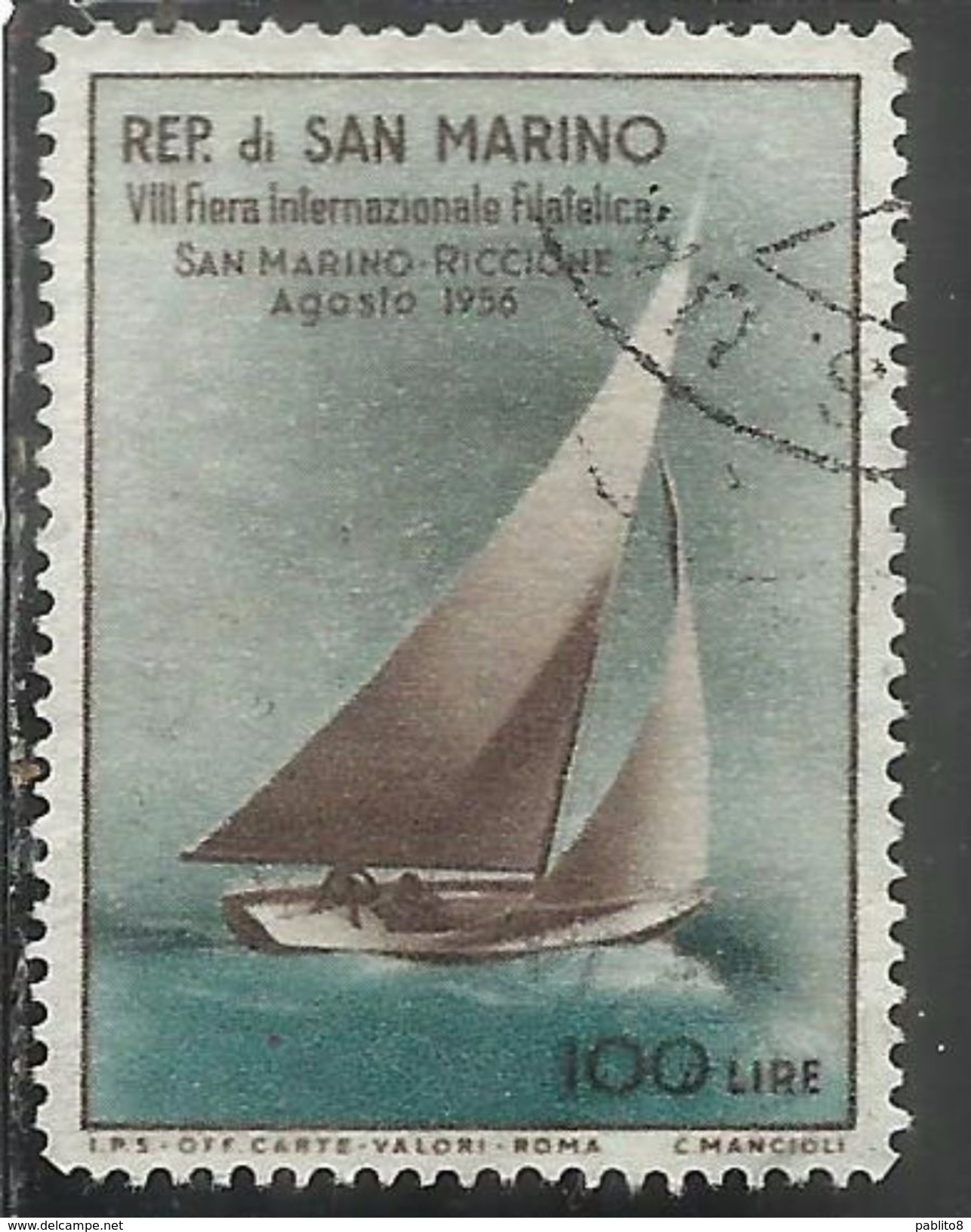 REPUBBLICA DI SAN MARINO 1956 VIII 8a GIORNATA FILATELICA LIRE 100 USATO USED OBLITERE' - Usati