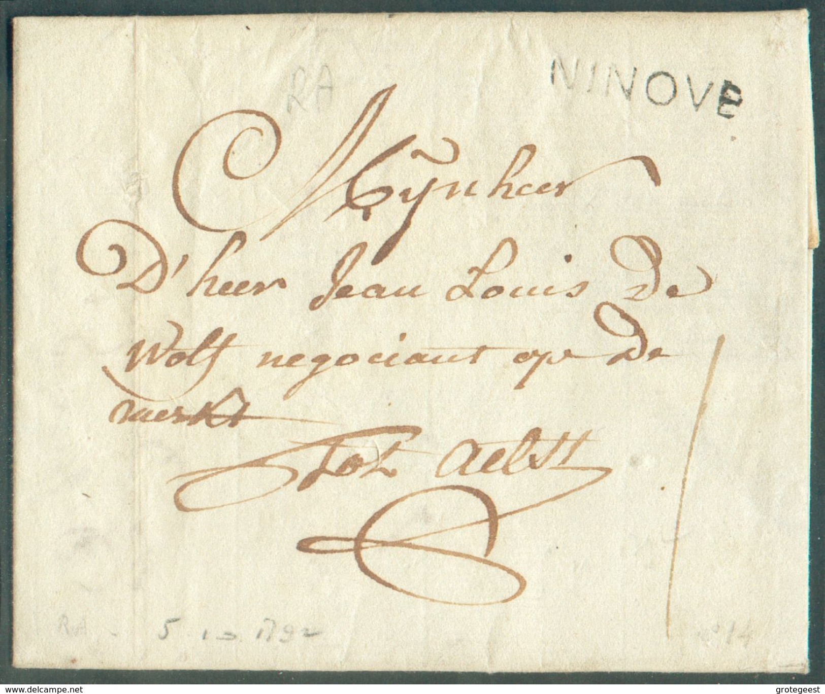 LAC De NINOVE Le 5 Octobre 1792 (Pays-Bas Autrichien/Comte De FLandres) Vers ALost, Taxe 'I' (encre).  SUperbe - 12061 - 1714-1794 (Pays-Bas Autrichiens)