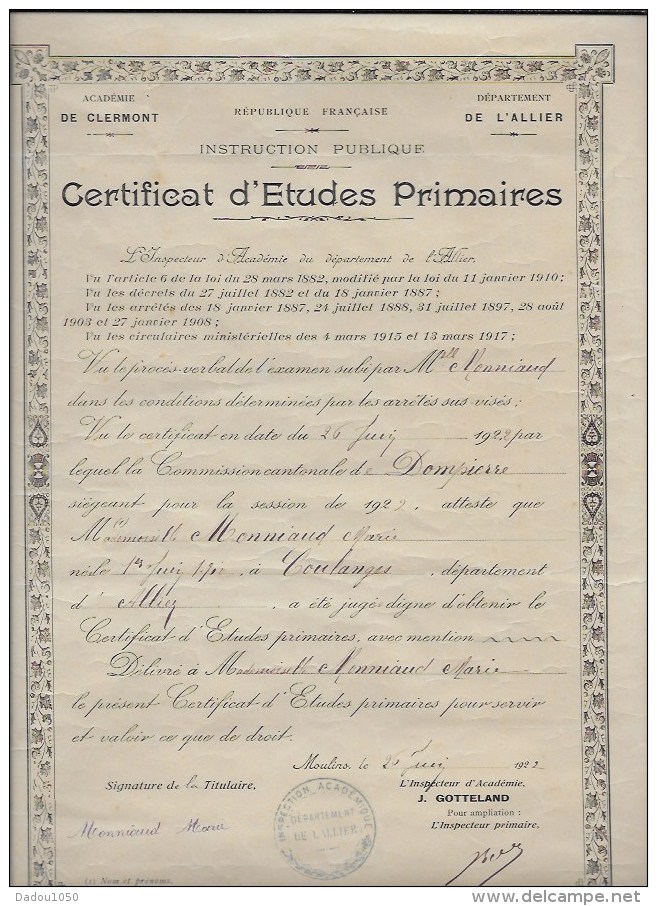 Certificat étude Primaire 1922 - Diplômes & Bulletins Scolaires